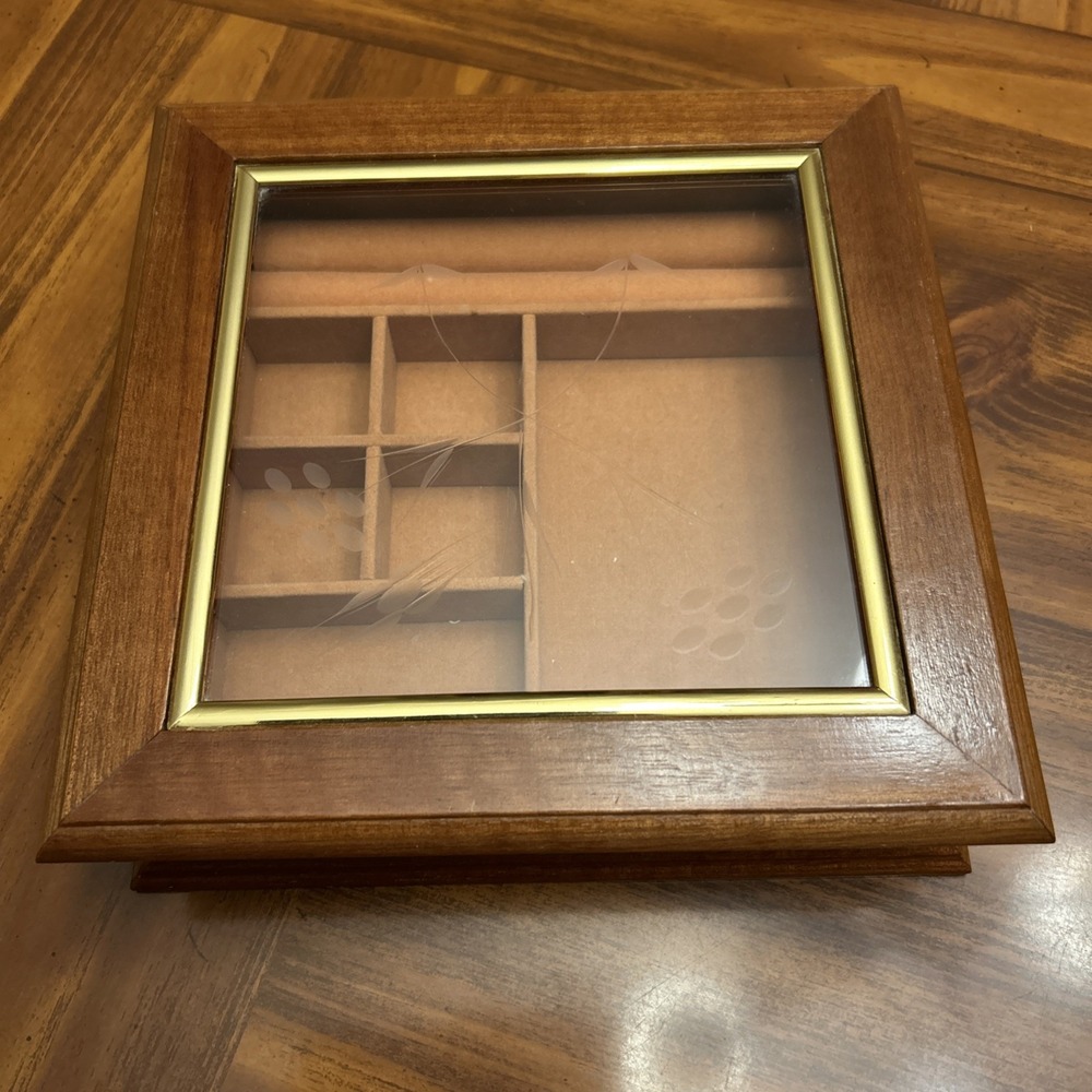 Etched Glass Square Light Brown Wood Dresser Jewelry‎ Box MELE Taiwan